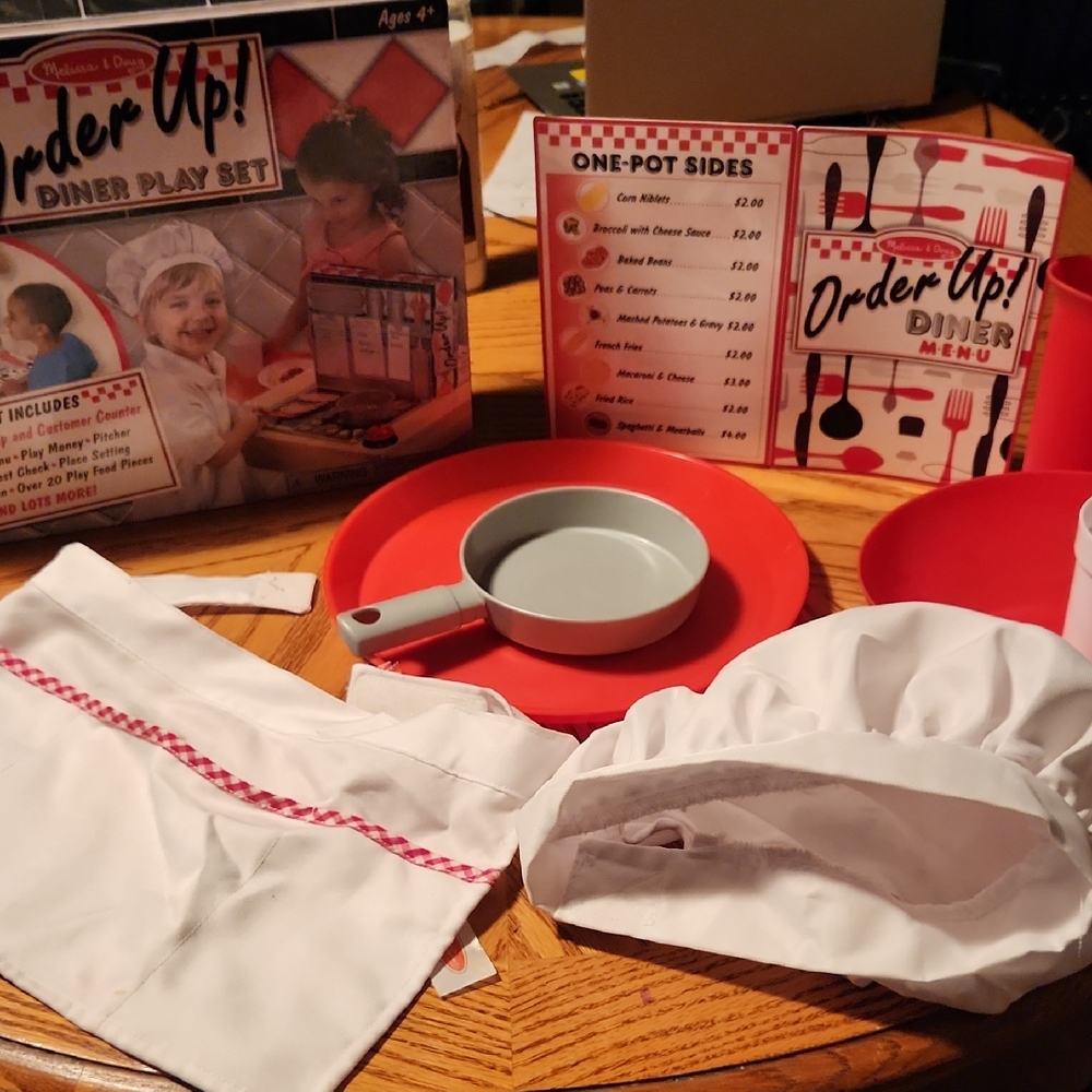 Diner Play Set - White Chef Hat & Apron with Red Serving Pieces